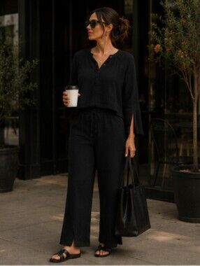 Johnny Was Calme 2 Piece Lounge Set XL Black Organic Cotton Gauze